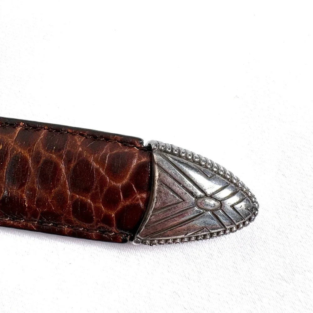 Roundtree & Yorke Belt Brown Croc Embossed Leather Western Silver Hardware 56